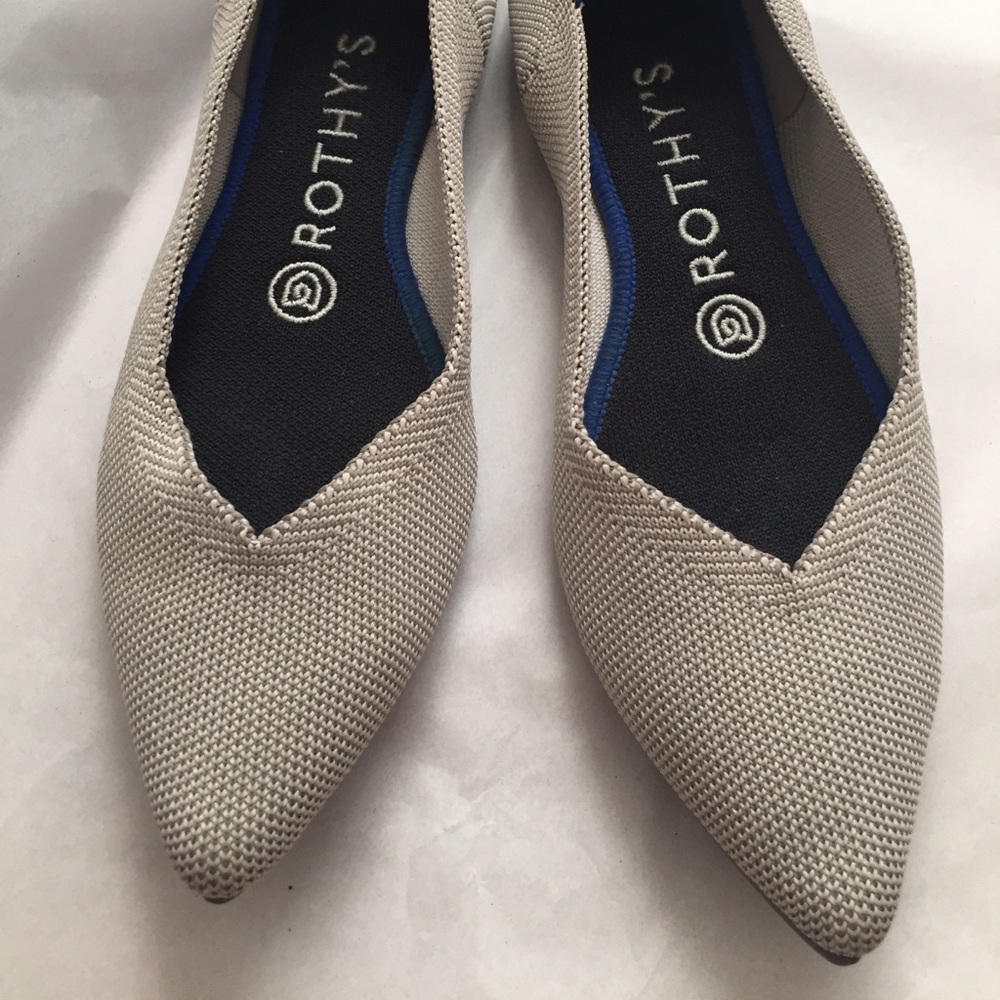 Rothy’s beige pointy toe shoes.